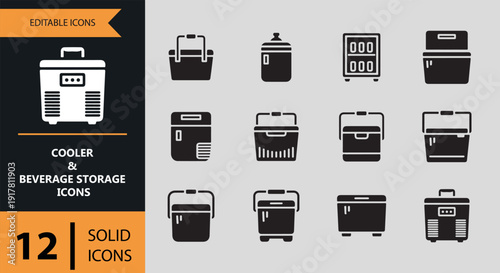 Solid Cooler and Beverage Storage Equipment Icons Collection