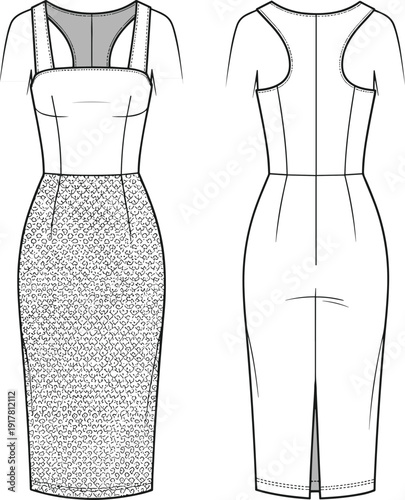Fashion Flat Technical Drawing of Women Sleeveless Bodycon Midi Dress Featuring Racerback Bodice and Sequin Textured Pencil Skirt Front Back