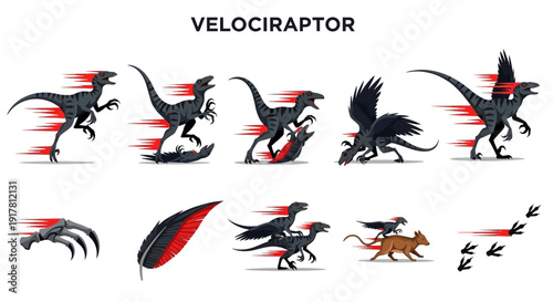 Velociraptor animation frames claws feather and footprints with speed lines