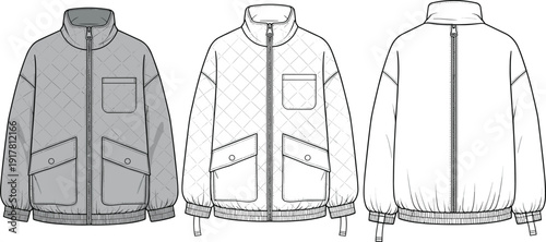 Fashion Flat Technical Drawing of Women Quilted Puffer Jacket Featuring Stand Collar Zipper Front Utility Pockets and Elasticated Hem Vector
