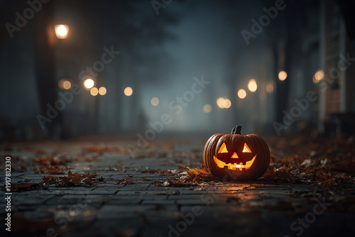 Glowing jack o lantern pumpkin with carved face on cobblestone street covered with autumn leaves at night with blurred street lights creating spooky atmosphere