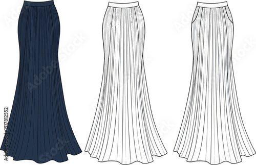 skirt, vector, pleated, maxi, technical, fashion, apparel, clothing, sketch, template, mermaid, navy, elegant, drawing, garment
