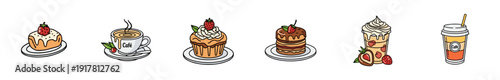 Set of colorful dessert and coffee icons on a white background