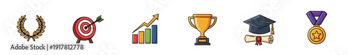 Set of achievement and success icons on a white background