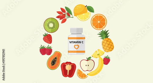 Assorted fruits surrounding a Vitamin C supplement bottle.
