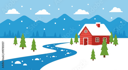 Serene Winter Landscape with Red House and Snowy Mountains.