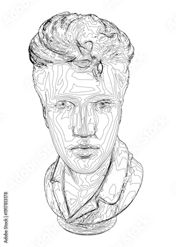 Detailed black and white bust sketch of a man, a contour drawing on plain white background. This free printable coloring page for adults offers a relaxing artistic activity with a serious expression.