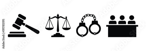 Justice and law icons including gavel, scales of justice, and handcuffs, modern vector illustrations for legal concepts, law enforcement, courtroom graphics, judicial processes, criminal law, and 