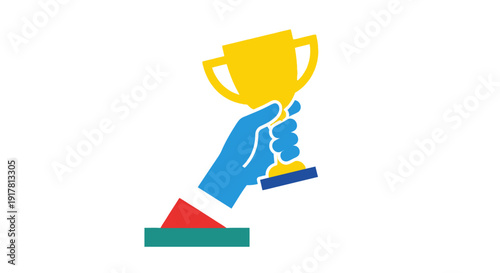 Hand holding a golden trophy on a white background.