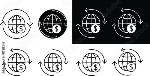 Global money transfer icon set with dollar globe arrows isolated on white background vector illustration