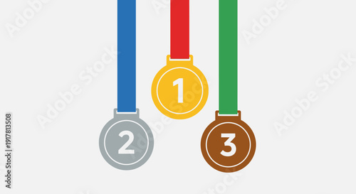 Three medals hanging on ribbons in silver, gold, and bronze colors.