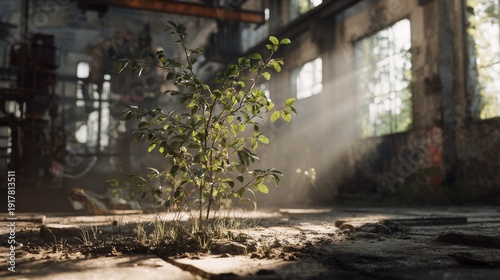 Wallpaper Mural Sunlight Entering Abandoned Industrial Warehouse with Small Plant Growing Through Concrete Torontodigital.ca