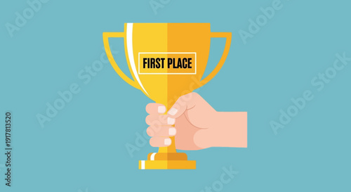Hand holding a golden trophy with first place inscription.