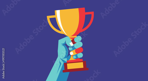 Hand holding a golden trophy on a blue background.