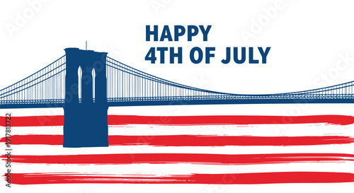 Patriotic American flag illustration with Brooklyn Bridge, Happy 4th of July celebration vector graphic.