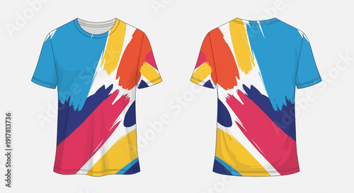 Vibrant T-Shirt Design with Colorful Diagonal Stripes and Paint Splatter Effect.