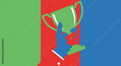 Hand holding a trophy against a colorful background.
