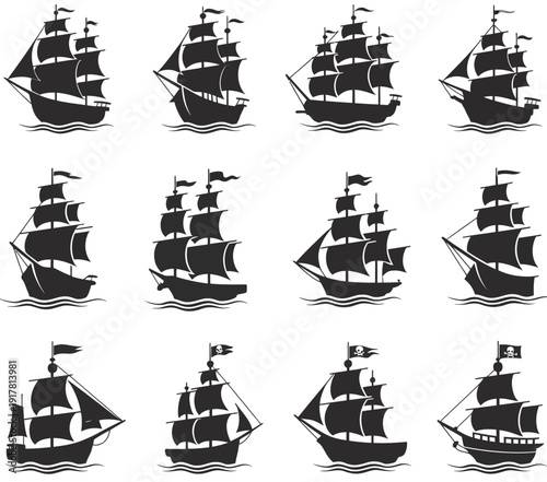 Pirate silhouette ship collection, flat style icon, pirate ship icon vector, pirate ship silhouette, color pirate ship symbol, pirate ship icon set, black pirate ship icon for ranked nautical