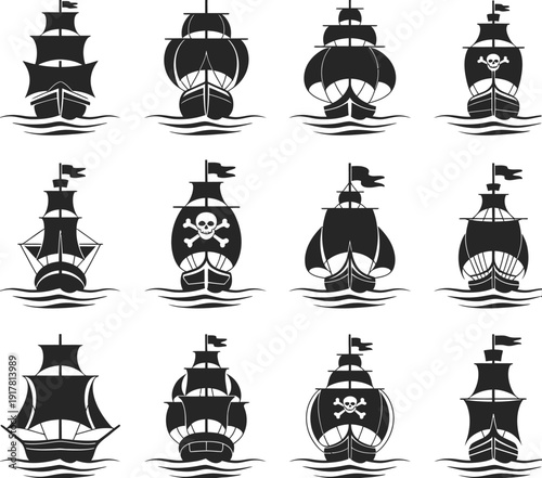 Pirate silhouette ship collection, flat style icon, pirate ship icon vector, pirate ship silhouette, color pirate ship symbol, pirate ship icon set, black pirate ship icon for top ranked sailing 