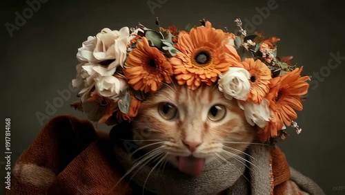 white cat with flowers