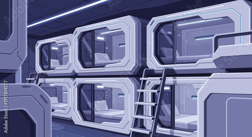 Futuristic Bunks in Modern Dormitory Setting.