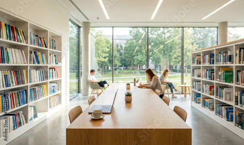 Students studying in a bright modern library with large windows and wooden tables.