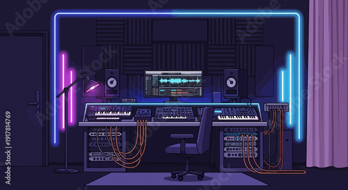 Music Production Studio with Neon Lights.