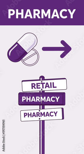 Conceptual Pharmacy Illustration Depicting Medications, Directions, and Retail Signage Elements
