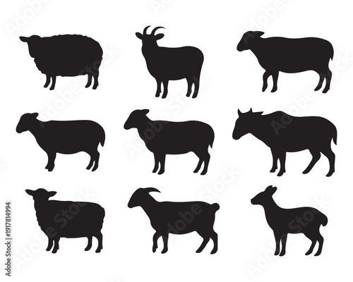 Farm Goat Sheep Silhouettes Vector Set