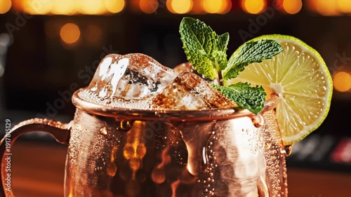 Refreshing Moscow Mule cocktail in a copper mug with lime and mint garnish.