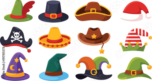 Fantasy costume hats illustration set, pirate wizard santa cowboy festive headwear collection isolated, cartoon holiday cosplay accessories vector design