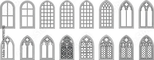 Gothic arched window outline illustration set, medieval church architectural frames collection isolated, vintage decorative design elements for historic building style