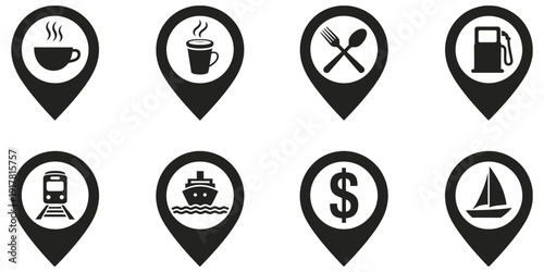 Location pin icons set, vector illustration with cafe, transport, fuel, food, money, and travel symbols in flat monochrome style for ranked map navigation graphics, app interface designs, travel guide