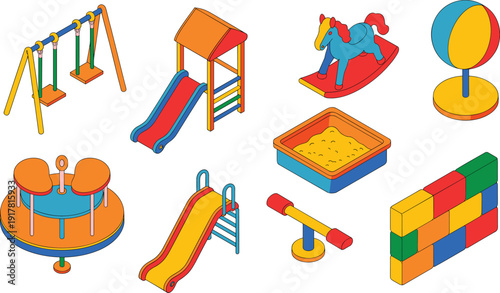 Playground, equipment, kids, toys, slide, swing, sandbox, carousel, rocking, horse, blocks, park, children, play, vector, illustration, colorful, fun, recreation, set