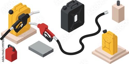 Fuel Nozzle Refueling Jerrycan Set with Gasoline Containers, Petrol Pump Hose, and Energy Supply Equipment Isometric Vector Illustration.