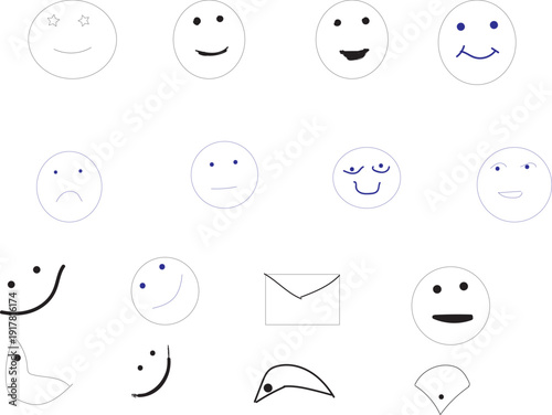 A collection of 15 simple hand drawn emoticon faces with various expressions