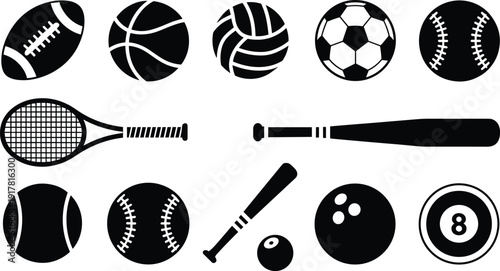 Sports equipment icon set, balls bats rackets symbols, isolated on white background, minimal black vector illustration for fitness recreation design