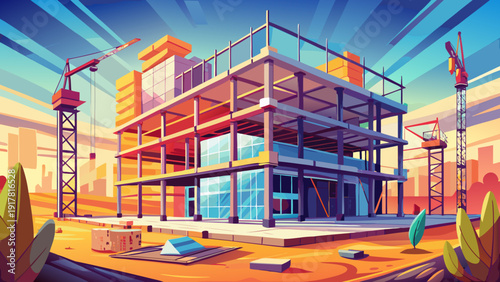 Very beautiful realistic illustration of a building under construction featuring steel scaffolding, tall cranes, and exposed concrete floors, capturing the dynamic energy of an active construction sit
