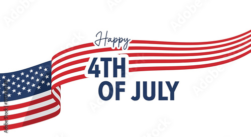 Patriotic 4th of July greeting with American flag ribbon, isolated on transparent background