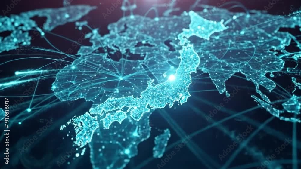 Digital world map showing global connections with Japan highlighted ...