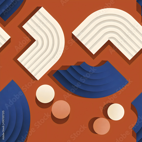 Modern abstract on a terracotta background with arcs cylinders and textured geometric forms