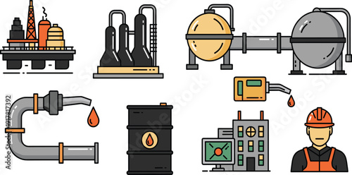 Oil and Gas Industry Production Icon Set with Refinery, Pipeline, Storage Tank, Control Panel, Fuel Nozzle, and Worker Vector Collection.