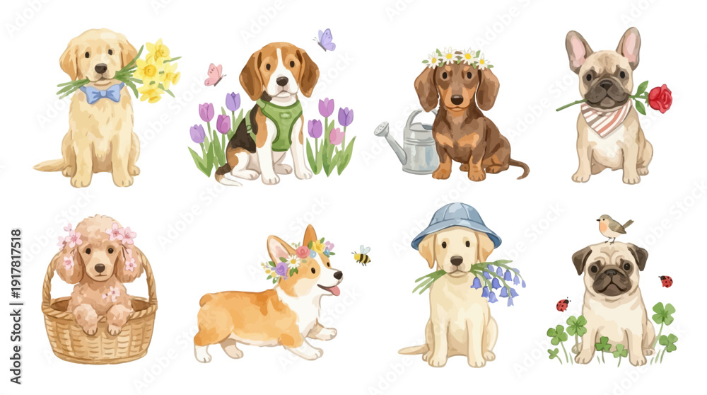 Fototapeta premium Cute festive spring animals. Collection of watercolor spring dogs with flowers, basket, blossoms. Vector illustrations. Perfect for invitation, card, poster, banner, decoration