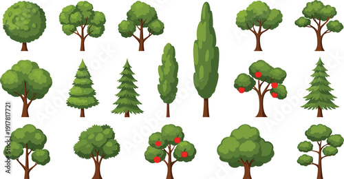 Flat cartoon tree set garden and forest trees vector collection