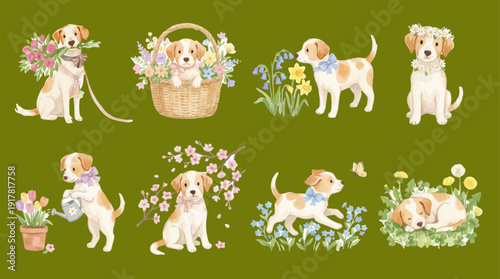 Cute spring puppies, watercolor clipart: baskets, eggs, flowers, beehive. Collection of Vector illustrations. Perfect for invitation, card, poster, banner, decoration 