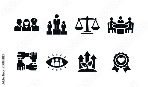 Diversity in leadership. Filled icon set of Diversity in leadership: diverse leaders group, leadership podium,