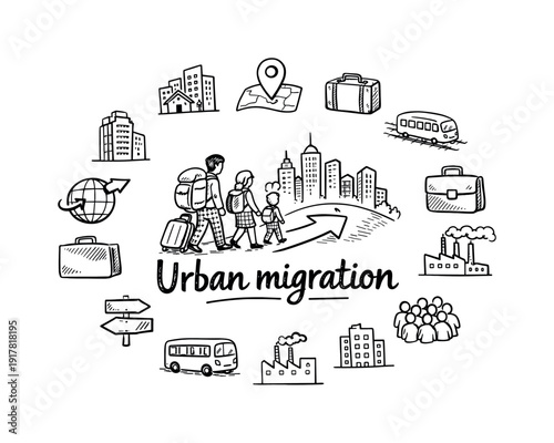 Urban migration. Hand-drawn doodle illustration of Urban migration. In the middle, one slightly larger central