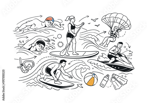 Active water lifestyle. Multiple swimmers and water sport gear arranged in a dynamic