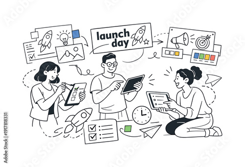 Creative team preparing a launch event. People arranging tasks on digital tablets, mood boards floating nearby