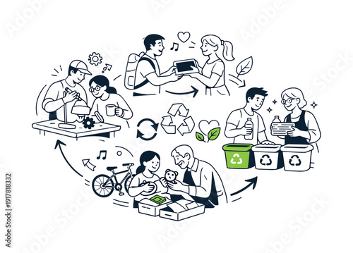Reuse and recycle system. People repairing items, sharing goods, and sorting materials, all